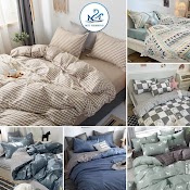 Bộ Chăn Ga Gối Cotton Poly M2T Bedding Drap Giường Kẻ Hàn Quốc Miễn Phí Bo Chun Ga Giường Bọc Đệm