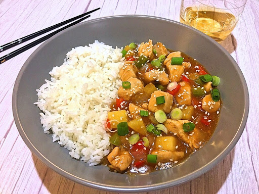 A tasty Pineapple Teriyaki Chicken along with white rice