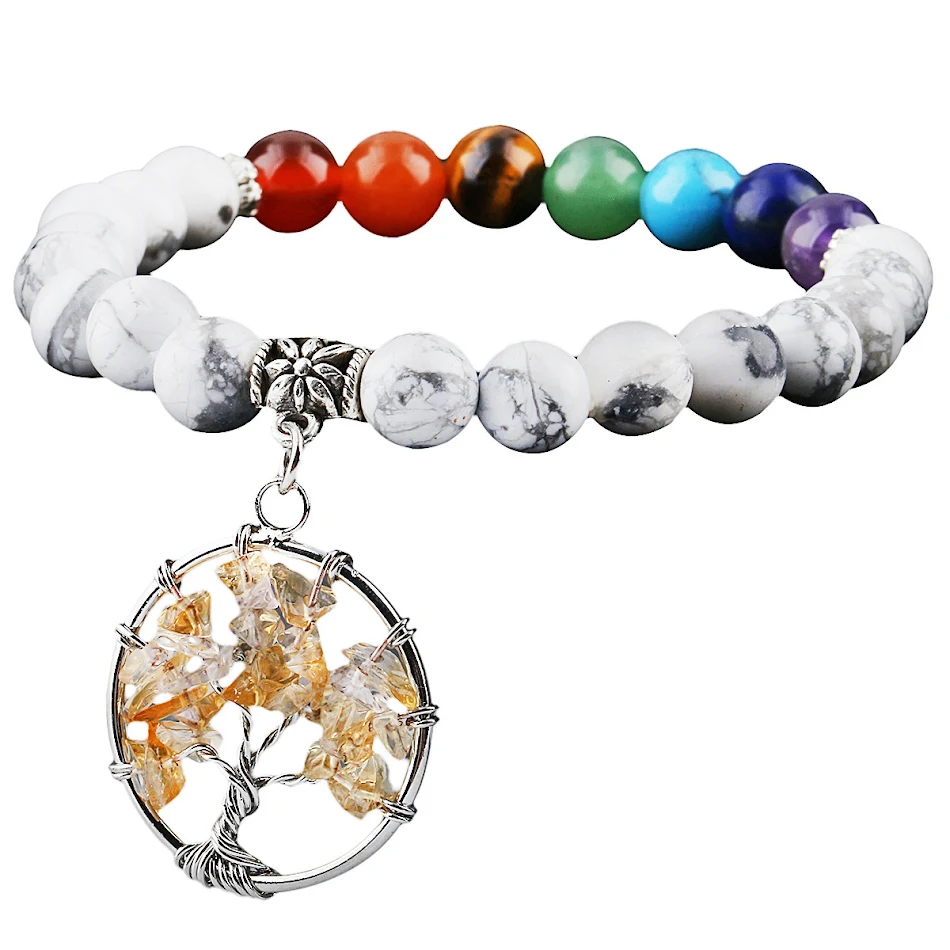 Bracciale con perline rotonde a ruota a sette colori in pietra di cristallo naturale Albero della fortuna. Armonia e fortuna per te.