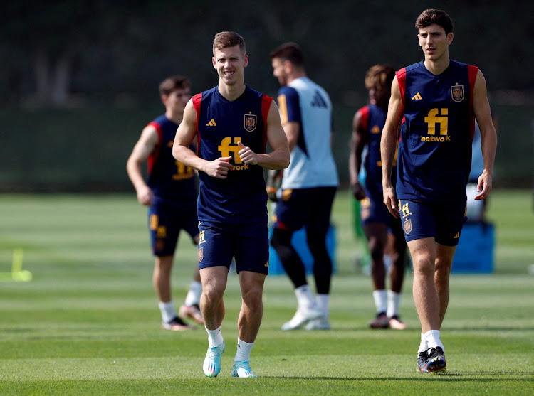 Spain's Dani Olmo and Pau Torres during training.