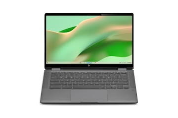 Sicht von oben auf ein HP Chromebook x360 14c mit weit nach hinten geneigtem Display