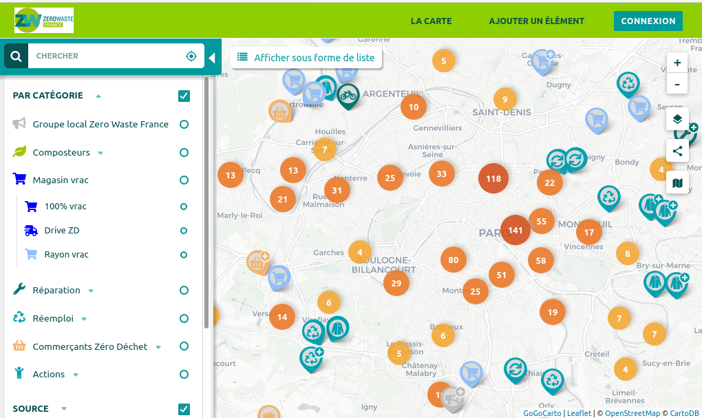 Carte du zéro déchet Zero Waste France, centrée sur l'Île-de-France.