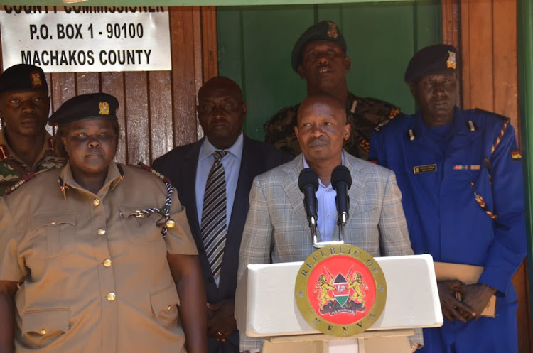 Interior CS Kuthure Kindiki addressing the press in Machakos County on March 11, 2024.