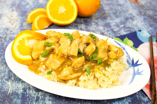 Orange Chicken and Rice on a platter.