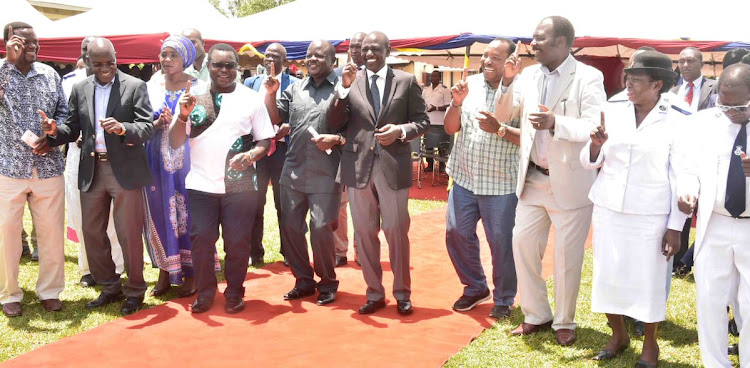 Deputy President William Ruto with several leaders at the Salvation Army Kakamega Citadel, Kakamega County on April 14, 2019.