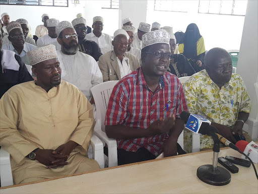 Supkem Rift Valley chairman Abdalla Ali, national deputy secretary general Hassan ole Naado and national treasurer Bakari Chemaswet at Sonara Hall in Mombasa on Saturday /BRIAN OTIENO