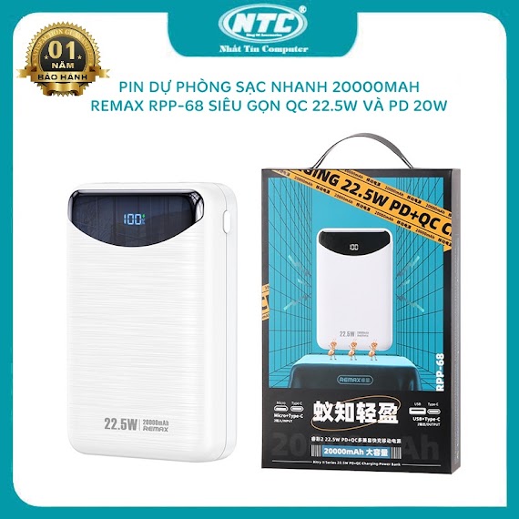 Pin Dự Phòng Sạc Nhanh Remax Rpp - 68 Ritry Ii Series 20000Mah Siêu Nhỏ Gọn - Hỗ Trợ Qc 22.5W Và Pd 20W (Trắng)