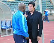 Luc Eymael, coach of Polokwane City and Pitso Mosimane, coach of Mamelodi Sundowns during the 2016 Telkom Knockout match between Mamelodi Sundowns and Polokwane City at the Lucas Moripe Stadium in Pretoria on the 27 October 2016.