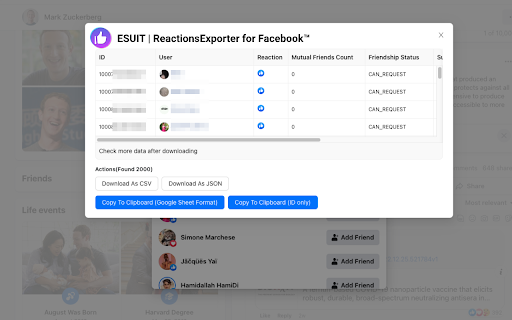 ESUIT | Reactions Exporter for Facebook™