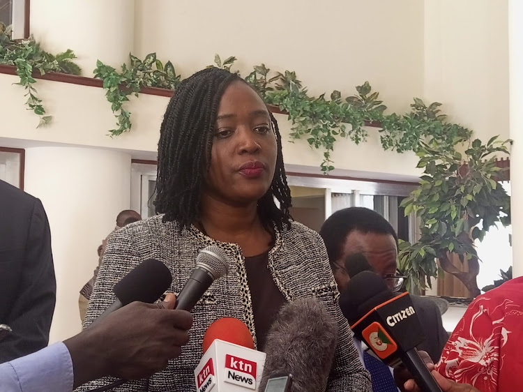 Environment CS Soipan Tuya speaks to the media during the official opening of the Intergovernmental Authority on Development forum in Nairobi on February 22, 2023