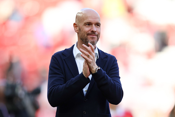 Erik ten Hag, Manager of Manchester United, applauds the fans after the final whistle of the Premier League match between Manchester United and Fulham FC at Old Trafford on May 28, 2023 in Manchester, England.