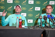 Springbok coach Jacques Nienaber and director of rugby Rassie Erasmus during a media conference in Pretoria on June 14, 2023 in Pretoria.