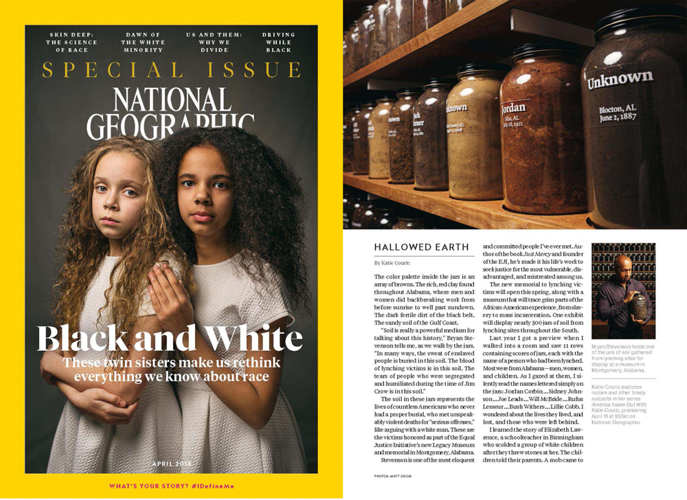 A tearsheet from National Geographic - the cover shows two young girls dressed in white, holding each other and looking at the camera. On the facing page is an image of glass jars filled with different colors of soil, labeled with identifying geographical information.