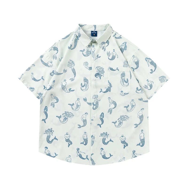 Loszittend heren shirt met korte mouwen en zeemeermin print. Een comfortabel en casual shirt voor een relaxte zomerse look.