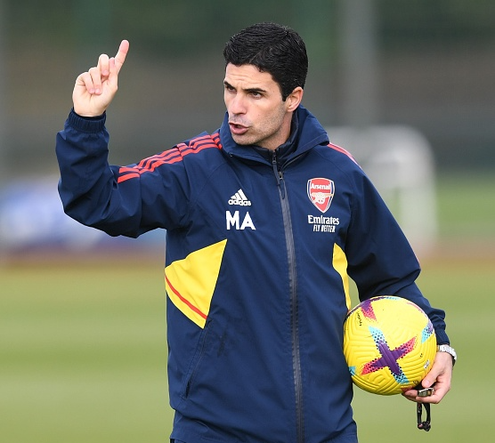 Arsenal manager Mikel Arteta during a training session at London Colney on February 17, 2023 in St Albans, England.