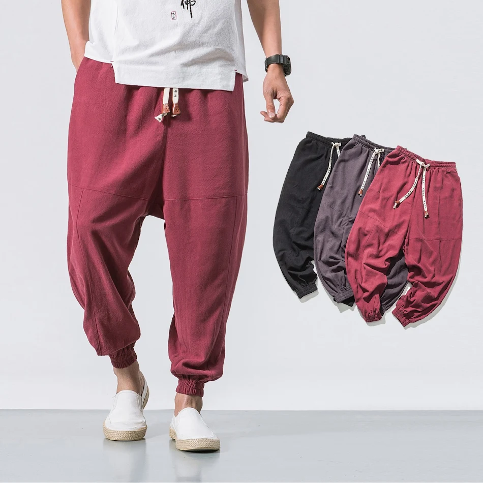 Pantalon décontracté japonais ample pour homme en coton et lin de couleur unie. Confort et style décontracté pour un look quotidien facile à porter