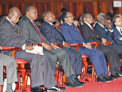 President Uhuru Kenyatta with other delegates during the Blue Economy Conference on November 26, 2018.