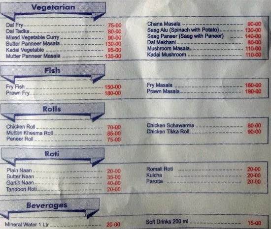 Begum's Biriyani menu 