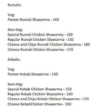 Arabian Shawarma menu 