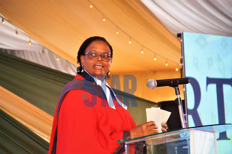 Chief Justice Martha Koome addresses attendees at the swearing in ceremony of Court of Appeal president Daniel Musinga at the Supreme Court on June11,.2021.