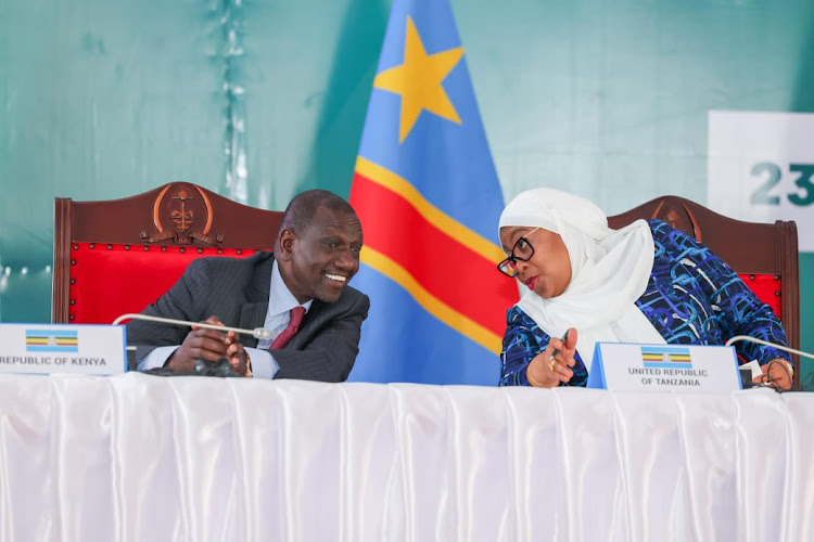 President William Ruto confers with Tanzania's Samia Suluhu during a meeting in Arusha, Tanzania, on November 24, 2023.