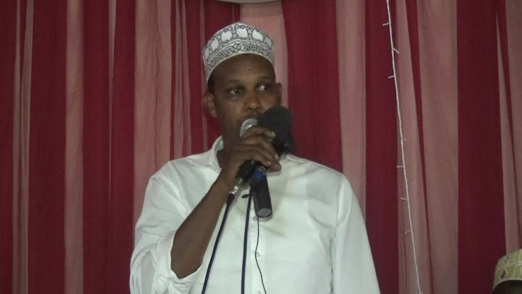 Garissa Township parliamentary aspirant Nasir Dolal, aka Jofle, speaks at a Garissa hotel on Wednesday after his endorsement by Aulihan community elders.