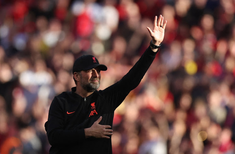 Liverpool manager Juergen Klopp celebrates after the match against Manchester City at Wembley Stadium in London, Britain, April 16 2022. Picture: ACTION IMAGE/CARL RECINE/REUTERS