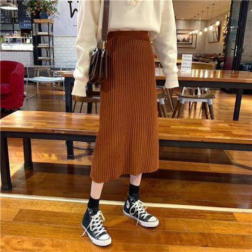 Title 5, Womens Long Retro Skirt, Korean Slim Knit A-li...