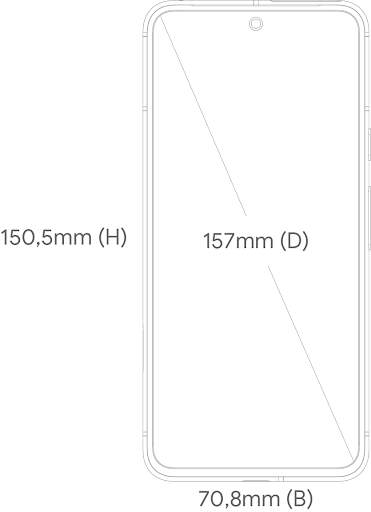 Diagramm von Google Pixel 8 mit einer Höhe von 50,5 mm, einer Breite von 70,8 mm und einer Bildschirmgröße von 6,2 Zoll (157 mm).