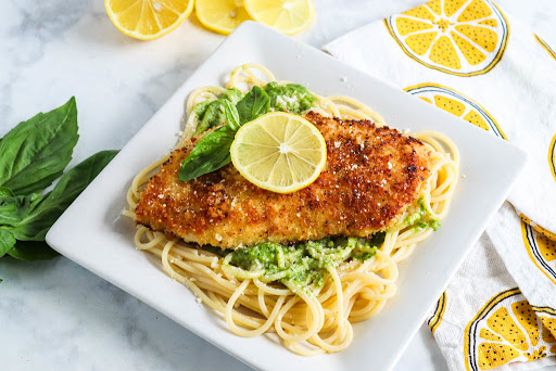 Lemon Pepper Panko Crusted Chicken With Pesto Pasta.