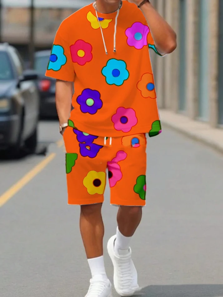 Herren T-Shirt mit buntem Blumen 3D Digitaldruck, lässig, locker, Kurzarm, All-Matching, ideal für den Sommer.