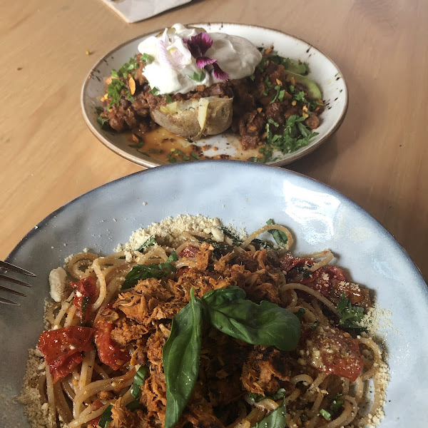 Top stuffed potato Bottom Pasta with jackfruit