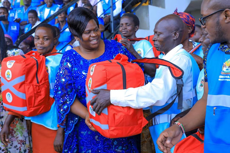 Homa Bay Governor Gladys Wanga with CHP Lawrence Onyango during distribution of medical kits in Homa Bay town on November 10,2023