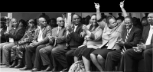 LEADERSHIP SUPPORT: ANC president Jacob Zuma outside the Pietermaritzburg high court. He is flanked by ANC and Cosatu leadership. Pic. Mhlaba Memela. © Sowetan.