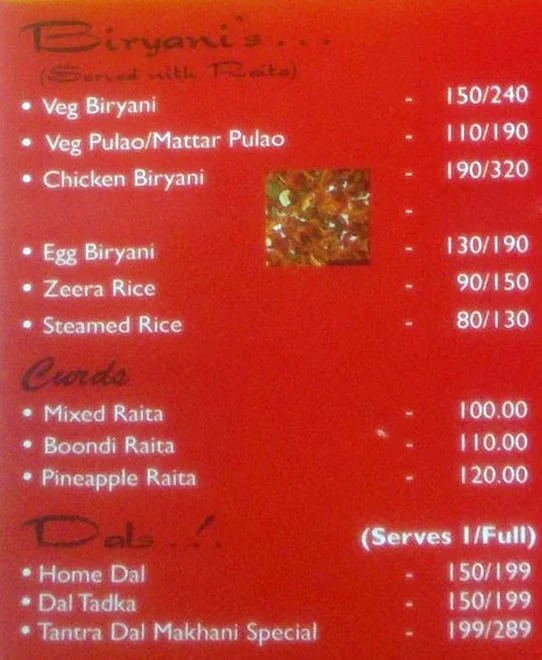 Tandoori Tantra menu 