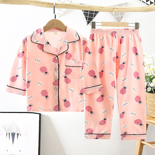 Title 14, Cotton Kids Lapel Pajamas Set with Three Quarte...