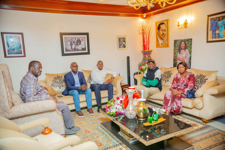 ODM leader Raila Odinga hosting Public Service CS Moses Kuria during a reconciliation meeting at the Odinga's Karen home on April 7, 2024.