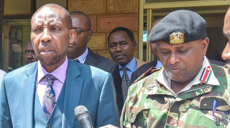 Kirinyaga deputy governor David Githanda and county commissioner Hussein Allasow address the media after visitingd areas prone to floods Tuesday