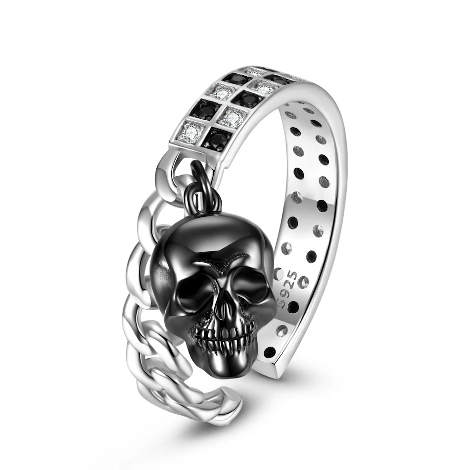 Anello teschio in mosaico bianco e nero in argento sterling S925, un accessorio audace per esprimere la tua personalità.