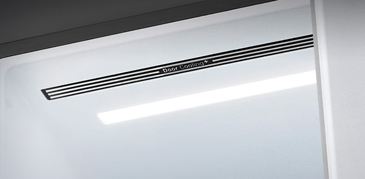 A diagonal view up into the top of the refrigerator showing the soft LED lighting.