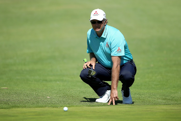 Retief Goosen of SA lines up a putt during the final round at Newport Beach Country Club on March 6, 2022