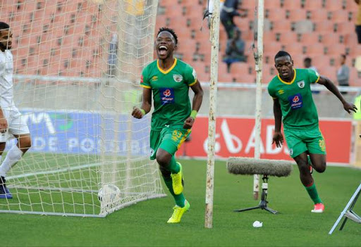 Mduduzi Mdatsane of Baroka FC celebrates after scoring a goal during the Absa Premiership Promotional Play-off match against Stellenbosch FC at Peter Mokaba Stadium on June 10, 2017 in Polokwane, South Africa. (Photo by