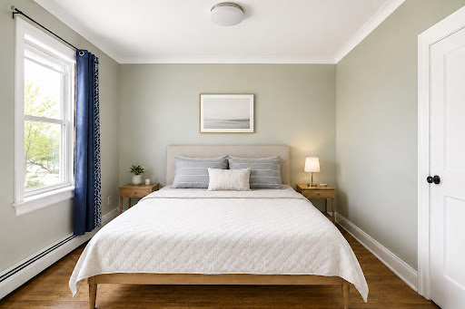 Bedroom with double bed and nightstand - Property rental in Jersey City, 2 bedrooms