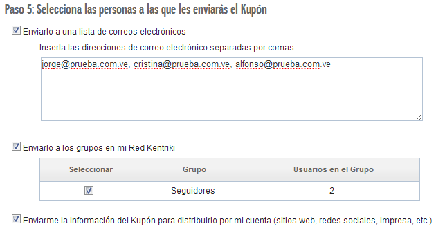 Opciones de Envío de un Kupón