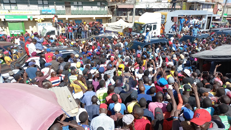 Azimio leader Raila Odinga leads the political outfit leaders at a public consultation meeting in Mlolongo on January 10.