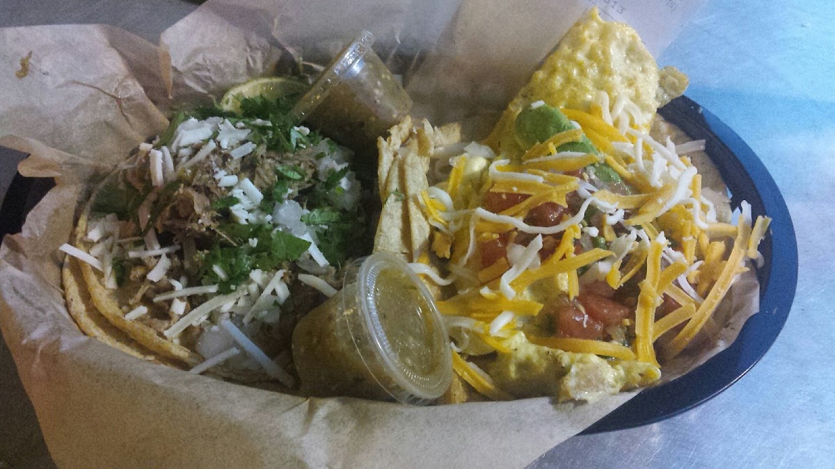 Green Chile Pork on left, Migas on right.