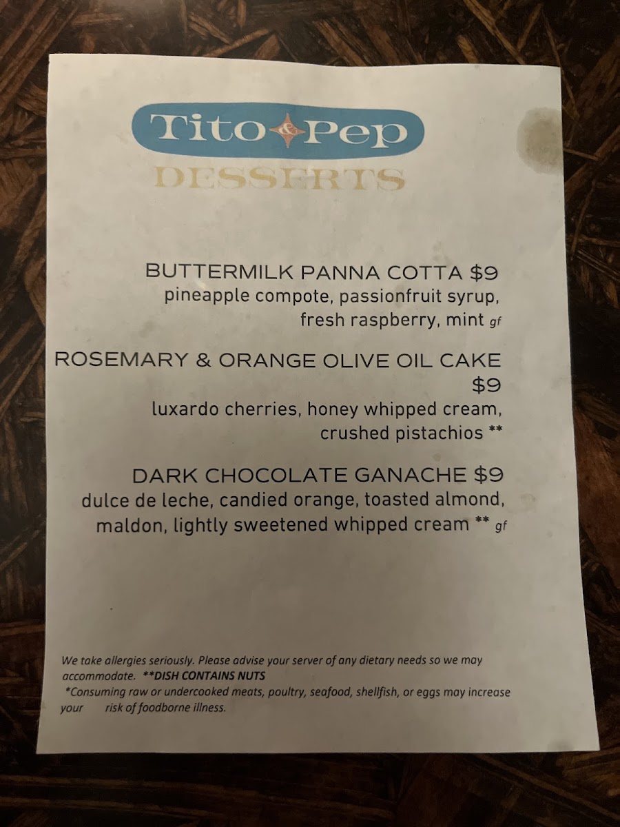 Tito and Pep gluten-free menu