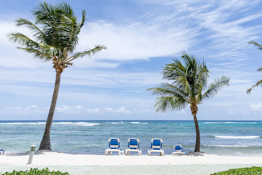 Plage tropicale avec palmiers et chaises longues - achat Villa de prestige à East End, 2 chambres