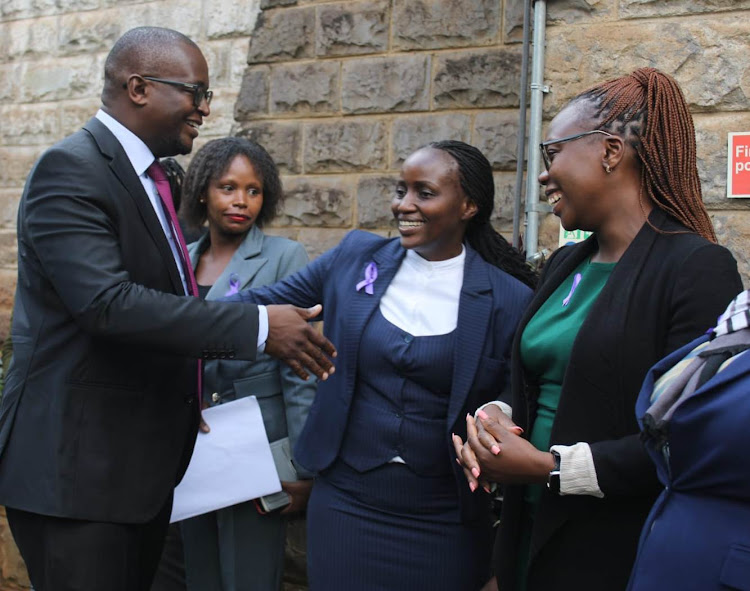 LSK president Eric Theuri with a section of lawyers who accompanied him when he returned his nomination papers on January 11, 2024.