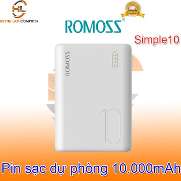 Pin Sạc Dự Phòng 10.000Mah Romoss Simple 10 Input Micro Usb + Type C + Light - - Ning (Pas10 - 202 - 2135) Chính Hãng